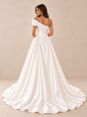 White Asymmetric Draped Satin Wedding Dress with Sweeping Train