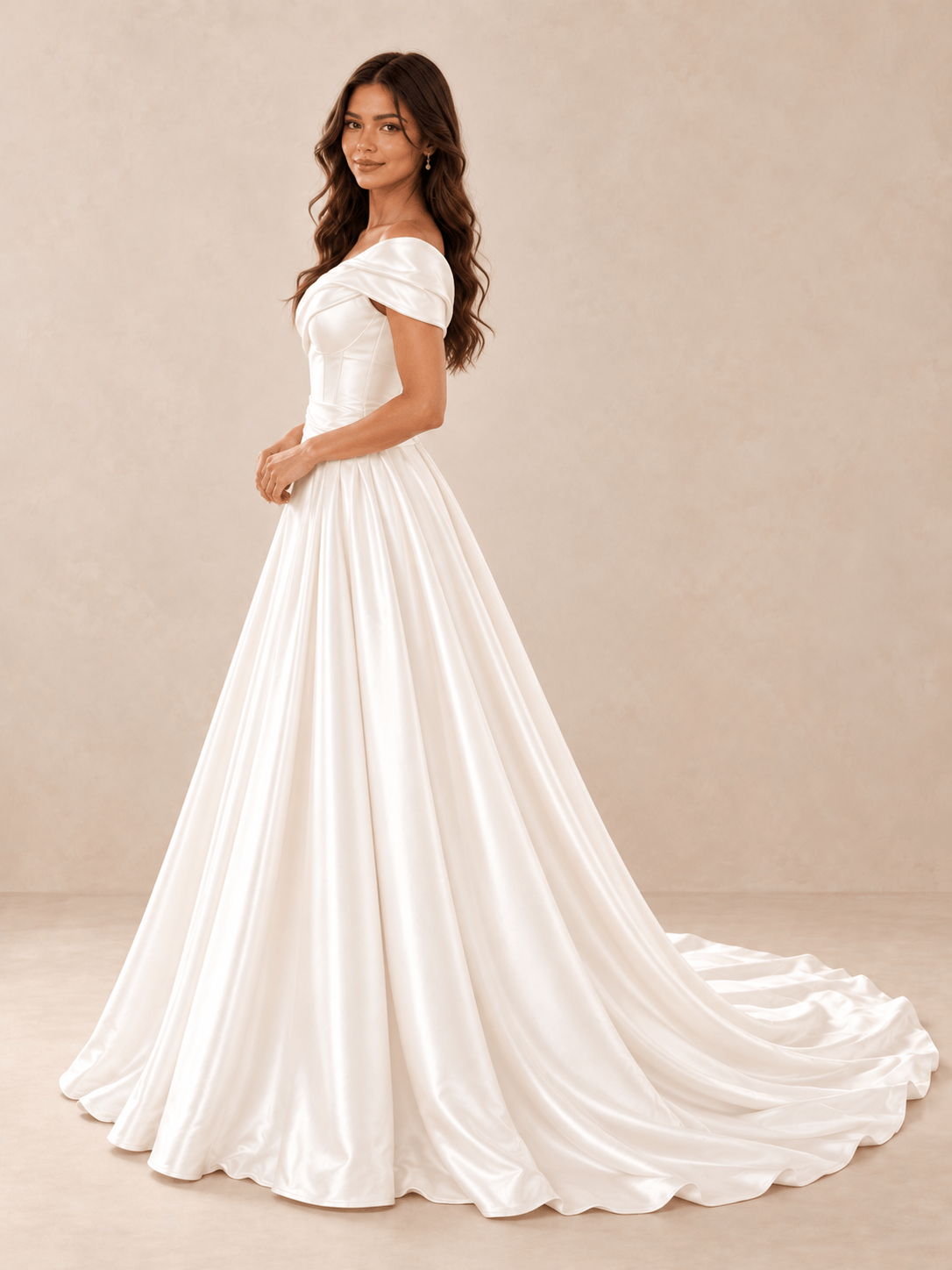 White Asymmetric Draped Satin Wedding Dress with Sweeping Train