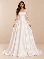 White Asymmetric Lace Illusion Neck Satin A-Line Wedding Dress