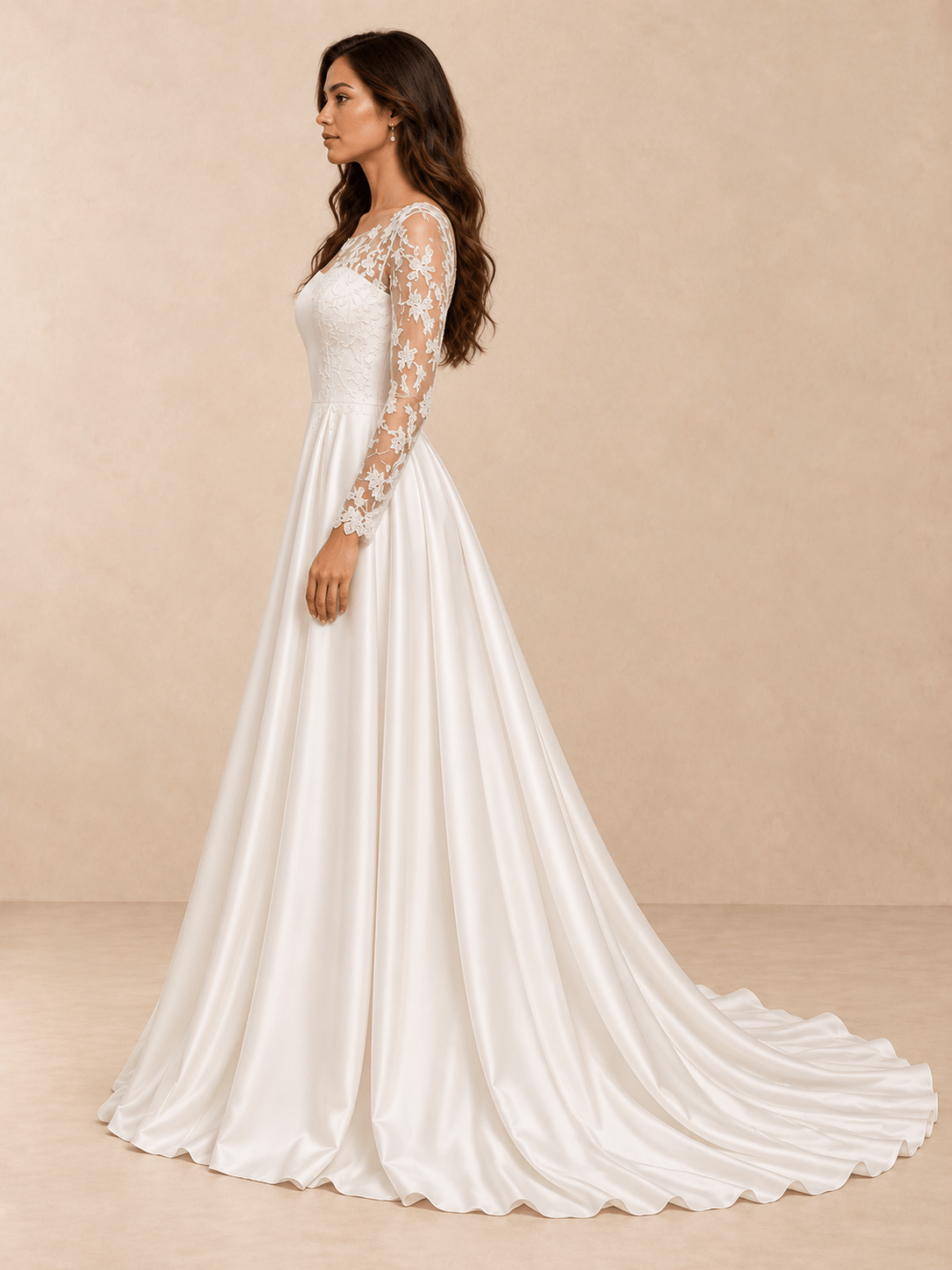 White Asymmetric Lace Illusion Neck Satin A-Line Wedding Dress
