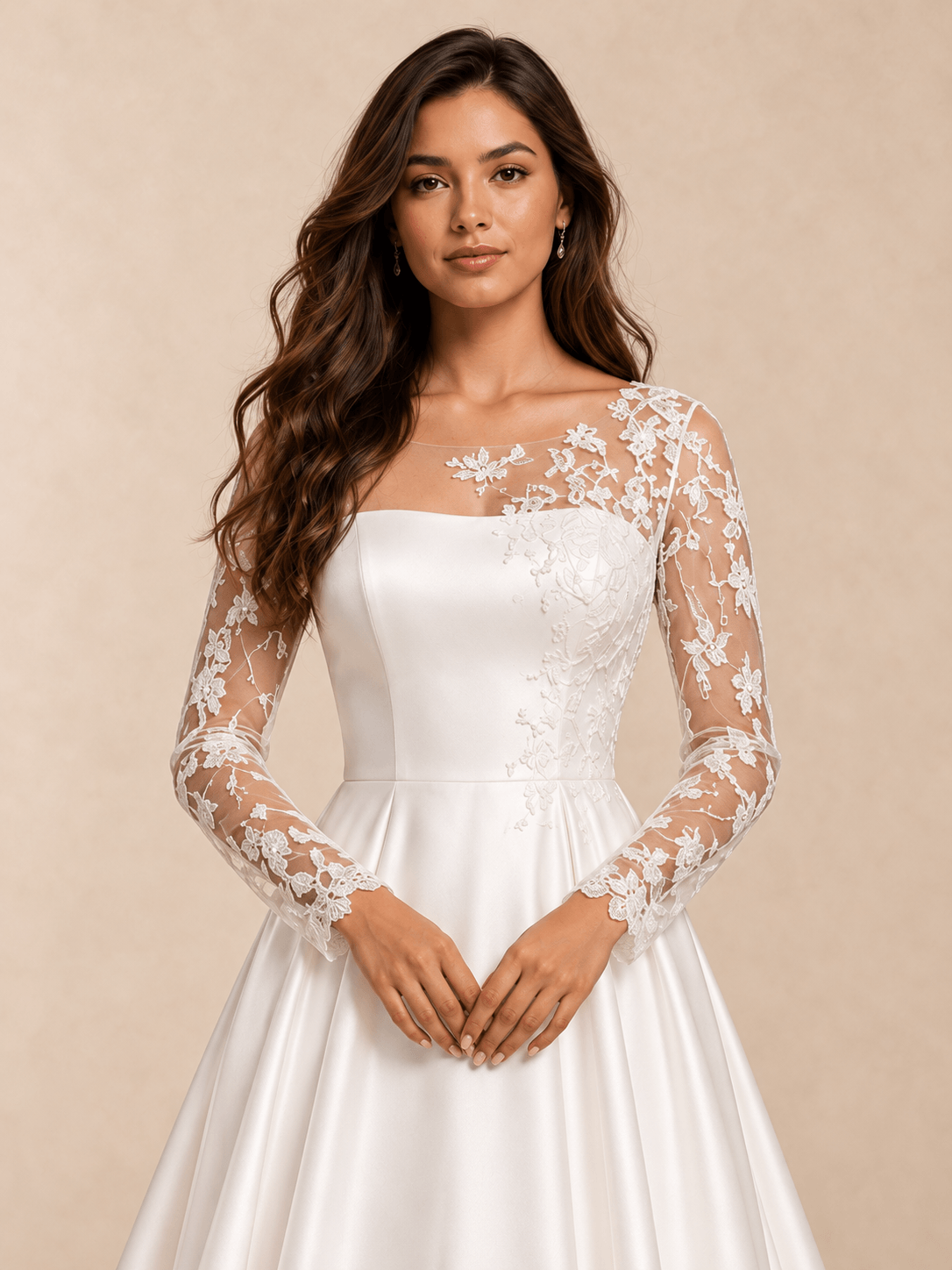 White Asymmetric Lace Illusion Neck Satin A-Line Wedding Dress