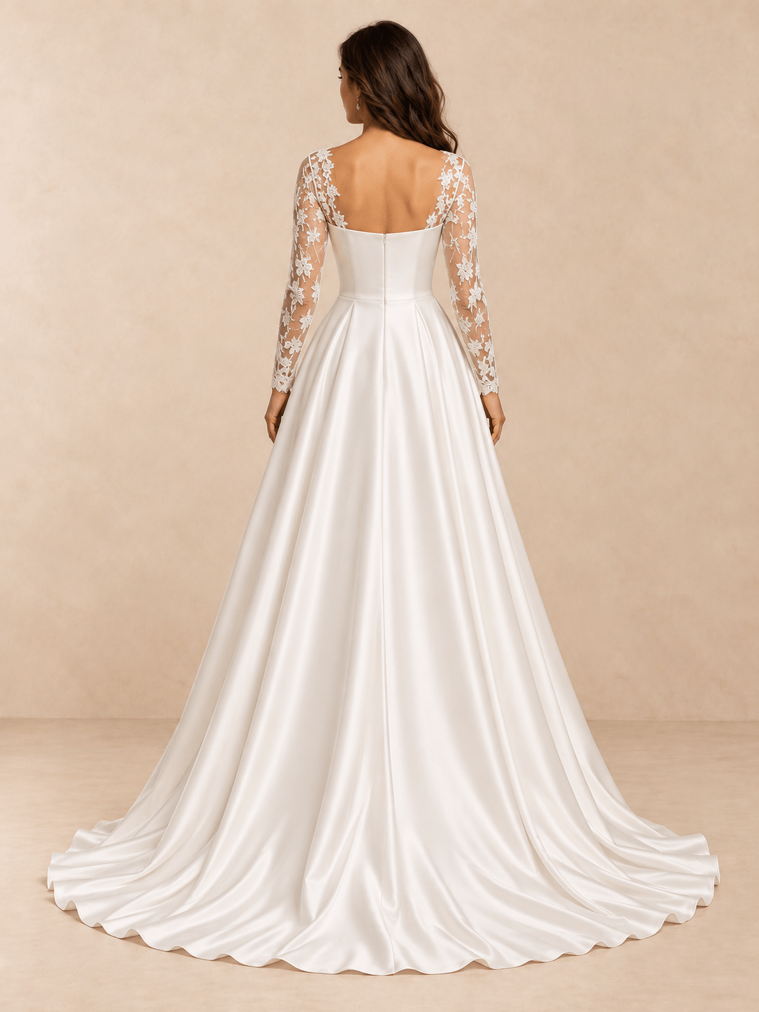 White Asymmetric Lace Illusion Neck Satin A-Line Wedding Dress