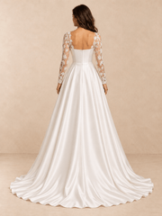 White Asymmetric Lace Illusion Neck Satin A-Line Wedding Dress