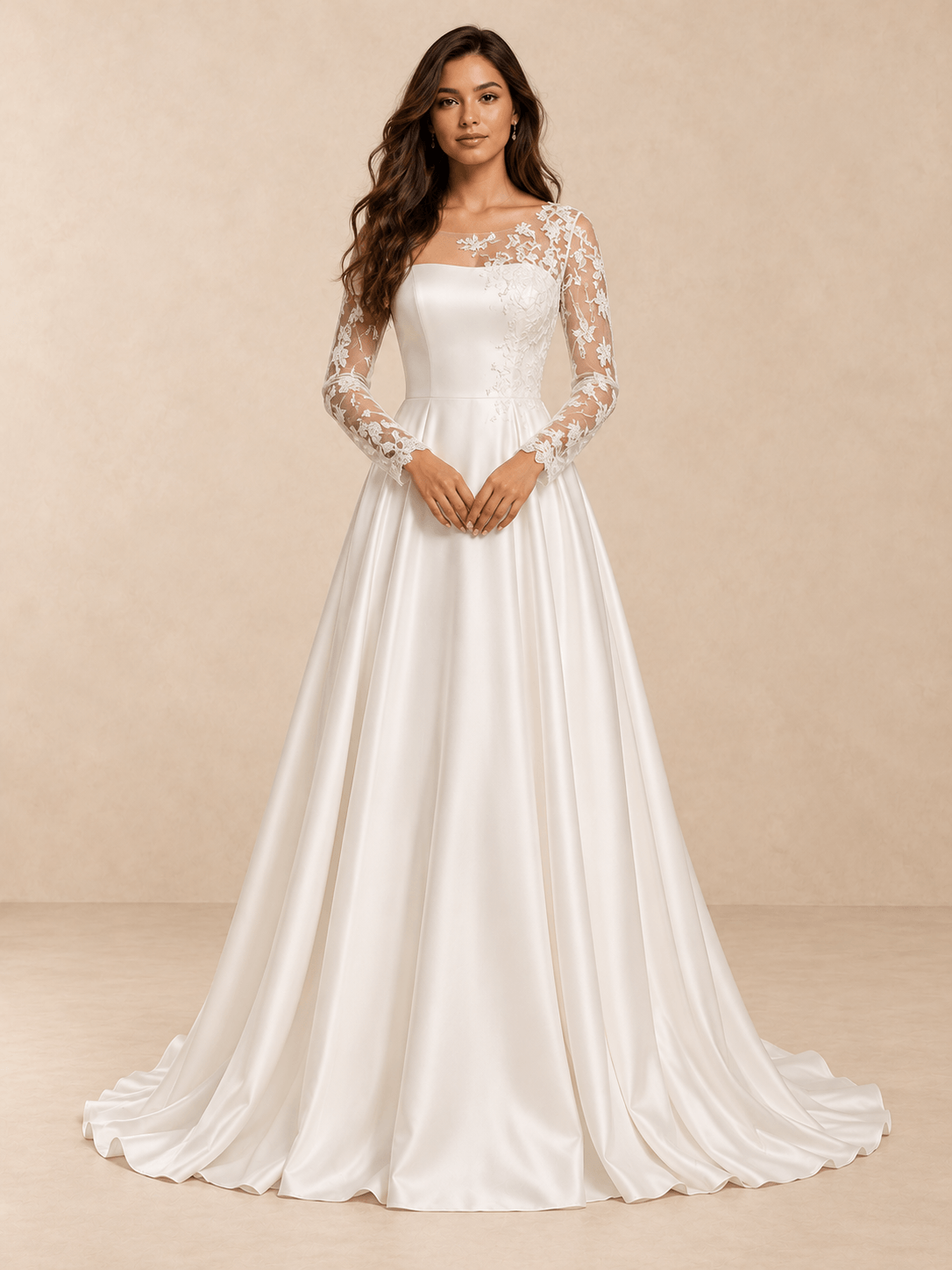 White Asymmetric Lace Illusion Neck Satin A-Line Wedding Dress