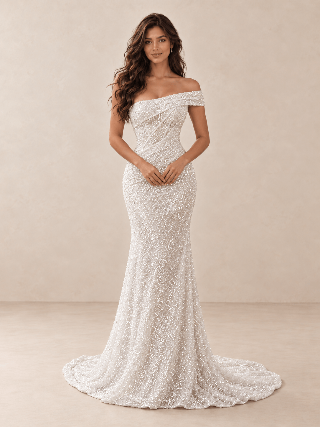 White Asymmetric Off-the-Shoulder Sequin Mermaid Wedding Dress