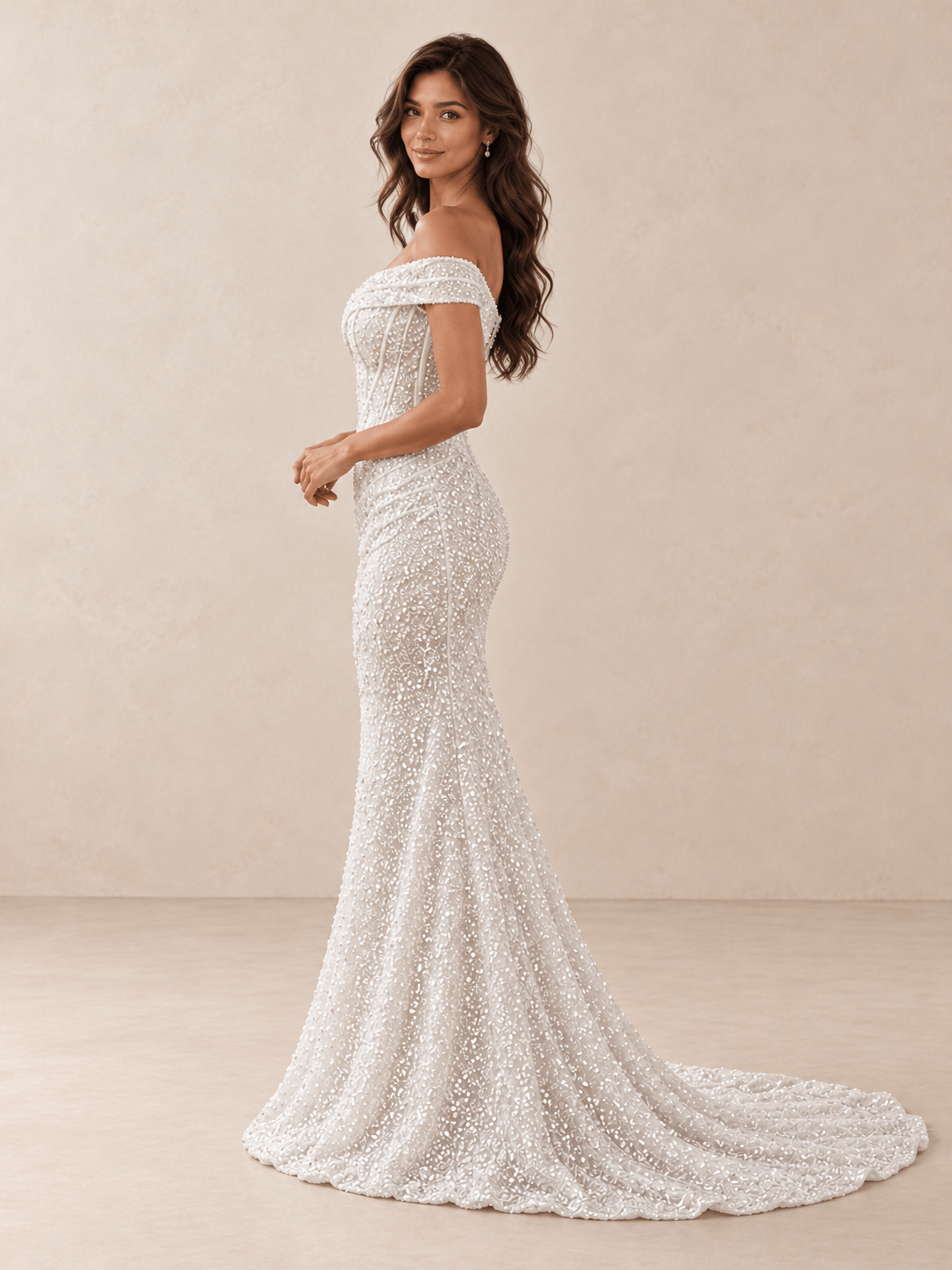White Asymmetric Off-the-Shoulder Sequin Mermaid Wedding Dress