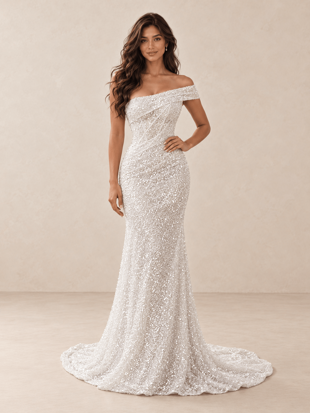 White Asymmetric Off-the-Shoulder Sequin Mermaid Wedding Dress
