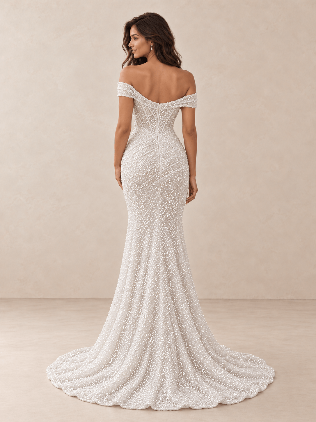 White Asymmetric Off-the-Shoulder Sequin Mermaid Wedding Dress
