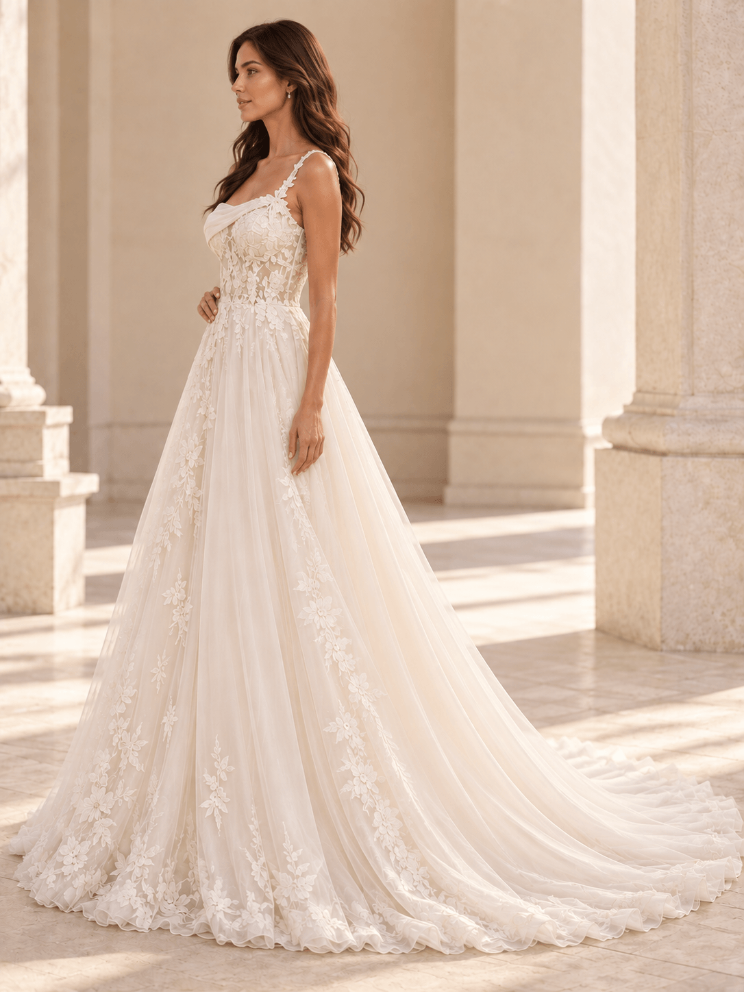 White Asymmetric One-Shoulder Floral Lace Wedding Dress with Layered Tulle Skirt