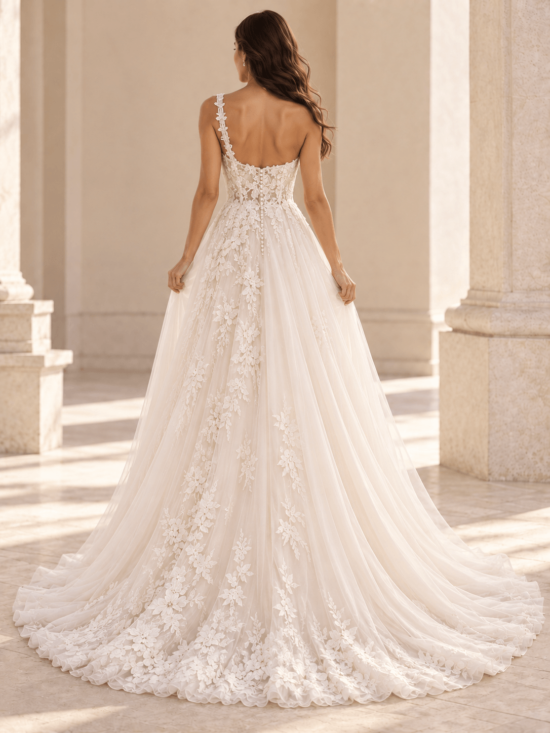 White Asymmetric One-Shoulder Floral Lace Wedding Dress with Layered Tulle Skirt