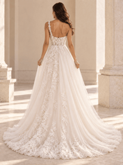 White Asymmetric One-Shoulder Floral Lace Wedding Dress with Layered Tulle Skirt