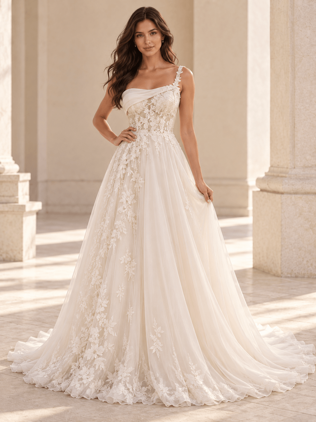 White Asymmetric One-Shoulder Floral Lace Wedding Dress with Layered Tulle Skirt