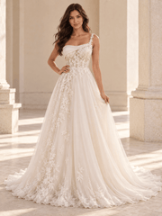 White Asymmetric One-Shoulder Floral Lace Wedding Dress with Layered Tulle Skirt