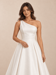 White Asymmetric One-Shoulder Satin A-Line Wedding Dress
