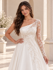 White Asymmetric One-Shoulder Satin A-Line Wedding Dress with Lace Appliqués