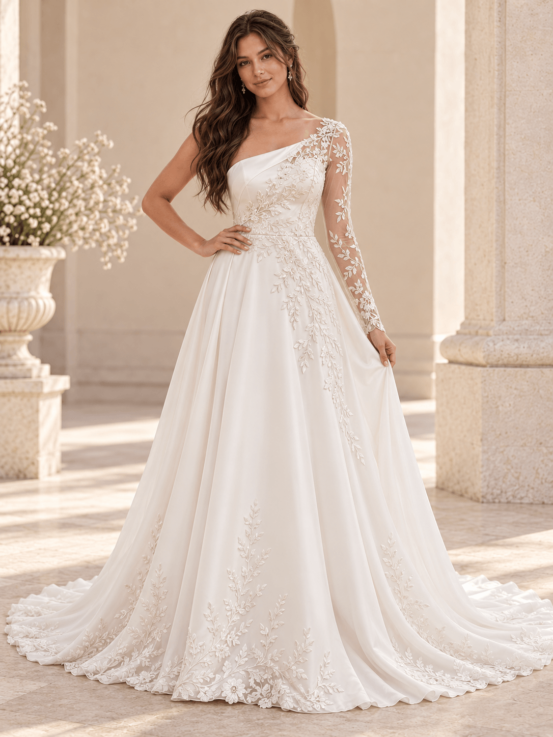 White Asymmetric One-Shoulder Satin A-Line Wedding Dress with Lace Appliqués