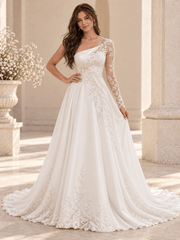White Asymmetric One-Shoulder Satin A-Line Wedding Dress with Lace Appliqués
