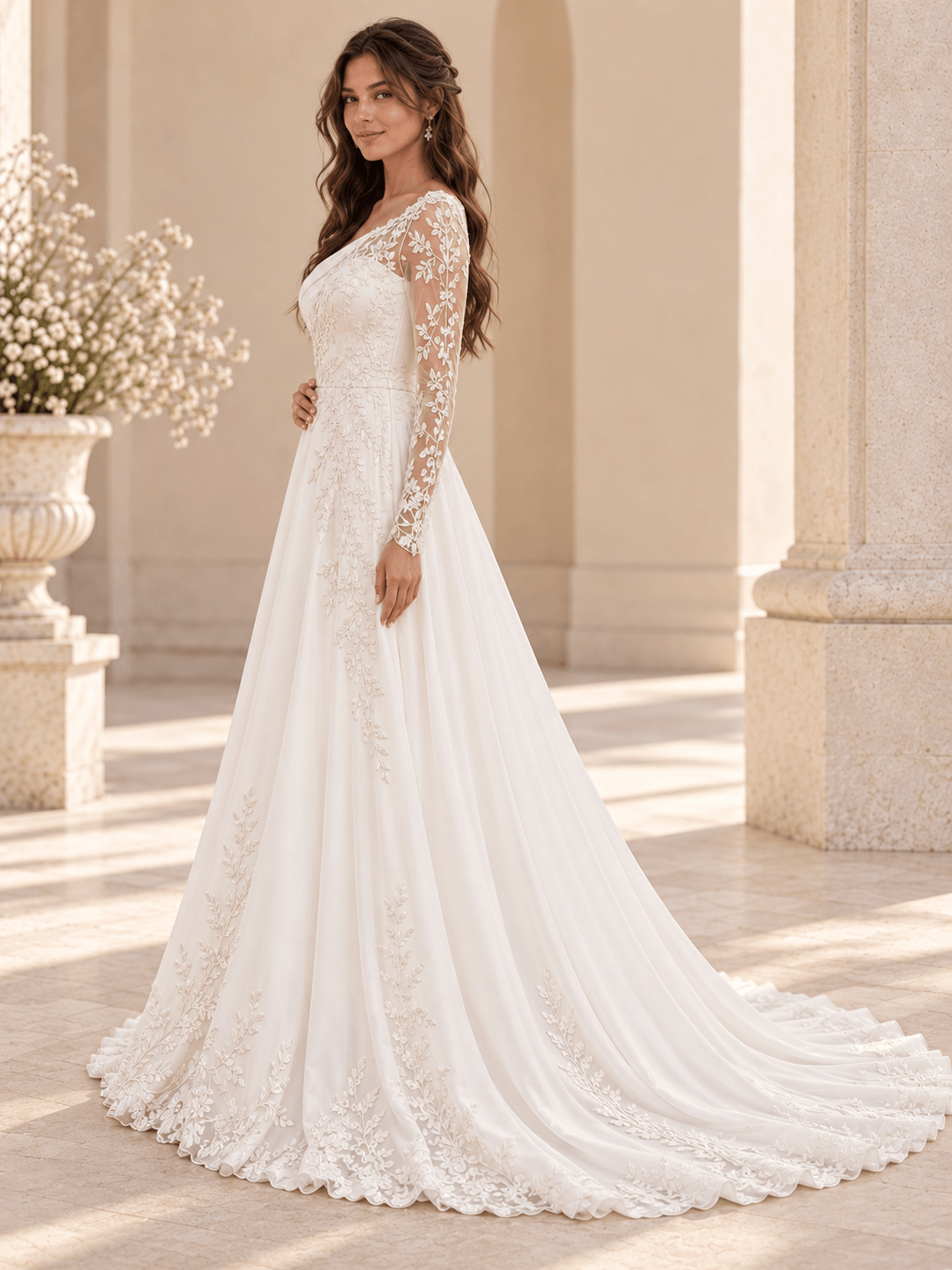 White Asymmetric One-Shoulder Satin A-Line Wedding Dress with Lace Appliqués