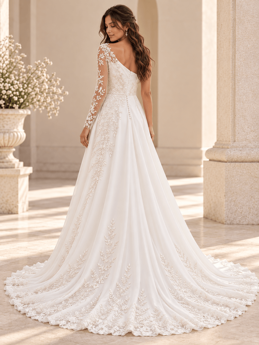 White Asymmetric One-Shoulder Satin A-Line Wedding Dress with Lace Appliqués