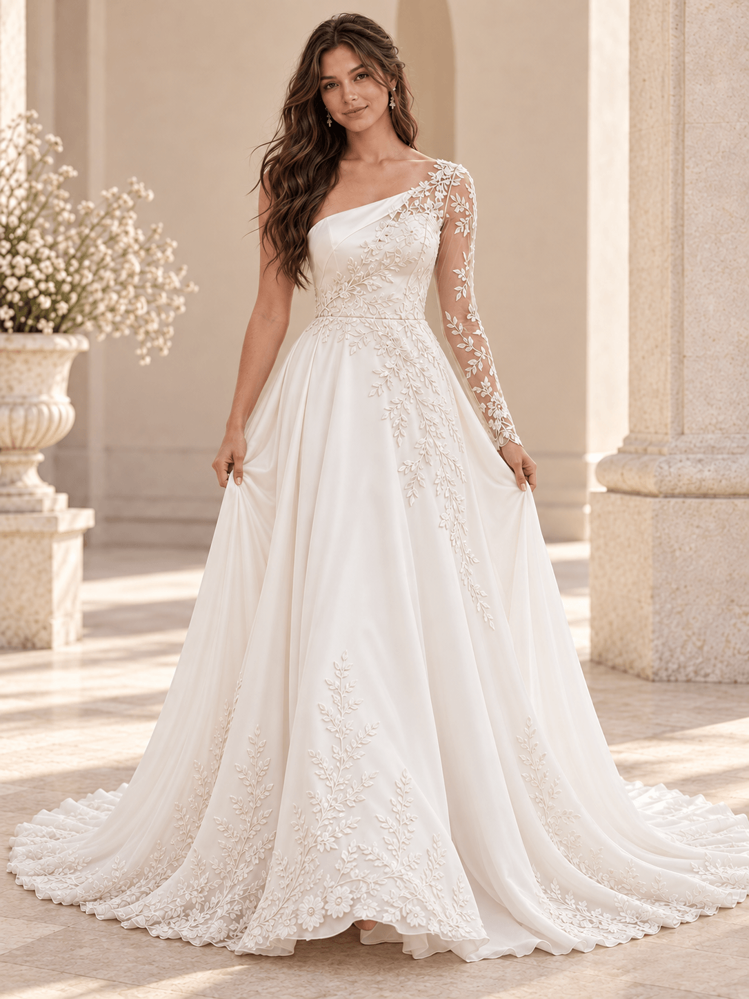 White Asymmetric One-Shoulder Satin A-Line Wedding Dress with Lace Appliqués