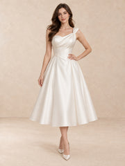 White Asymmetric One-Shoulder Satin Tea-Length Wedding Dress