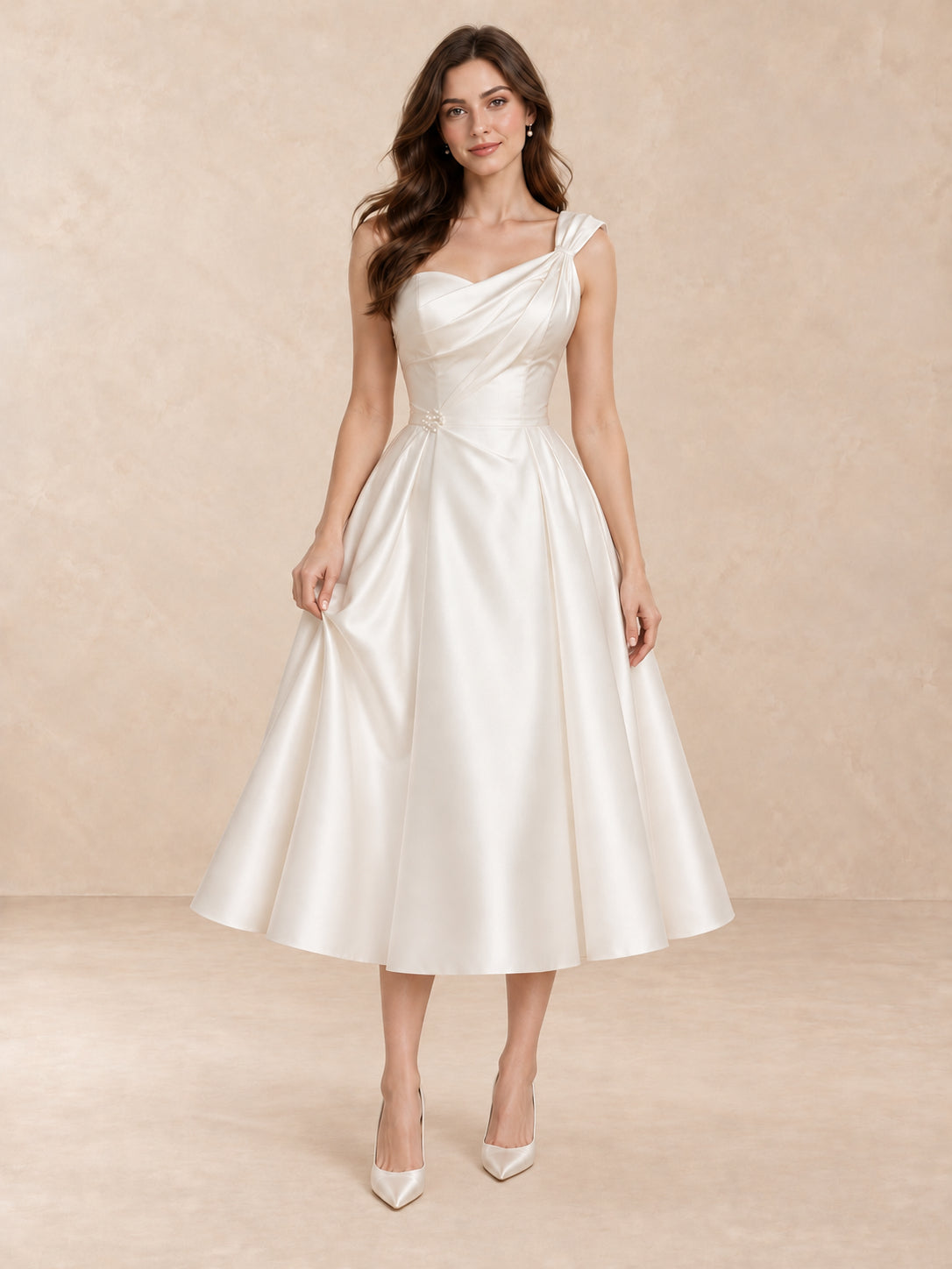 White Asymmetric One-Shoulder Satin Tea-Length Wedding Dress