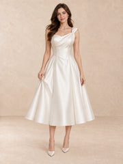 White Asymmetric One-Shoulder Satin Tea-Length Wedding Dress