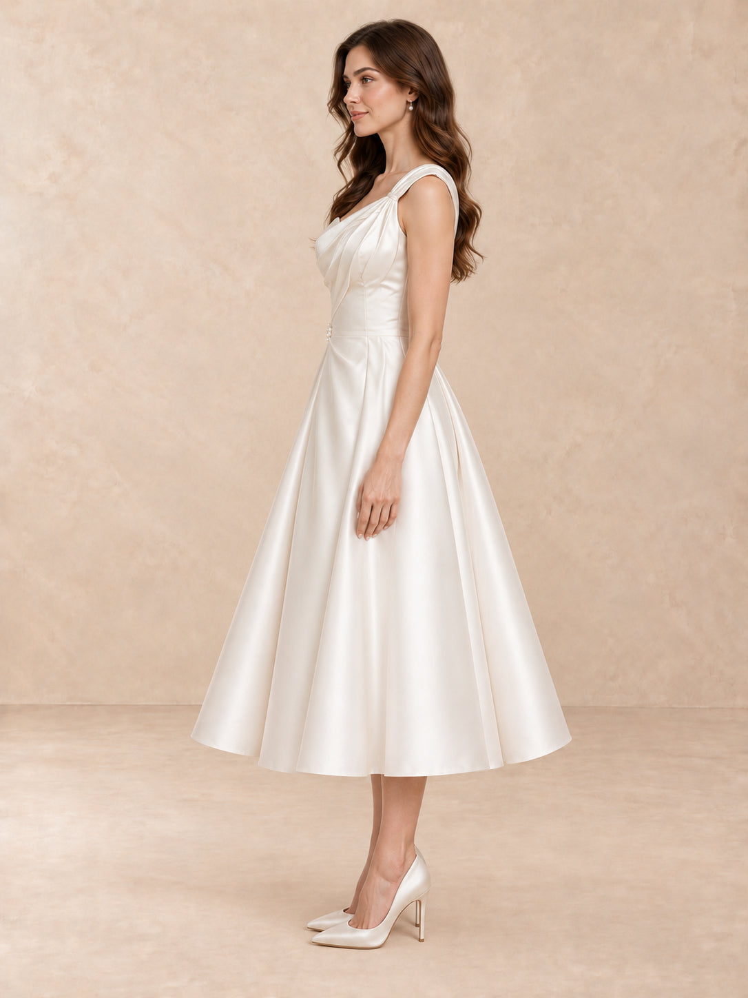 White Asymmetric One-Shoulder Satin Tea-Length Wedding Dress