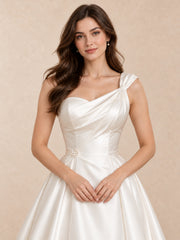 White Asymmetric One-Shoulder Satin Tea-Length Wedding Dress