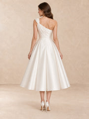 White Asymmetric One-Shoulder Satin Tea-Length Wedding Dress