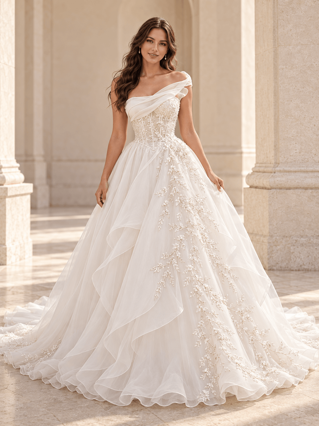 White Asymmetrical Draped Organza Wedding Dress with Pearl Vine Embroidery
