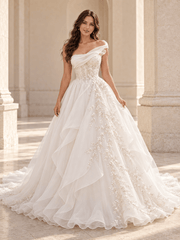 White Asymmetrical Draped Organza Wedding Dress with Pearl Vine Embroidery