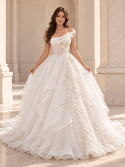 White Asymmetrical Draped Organza Wedding Dress with Pearl Vine Embroidery