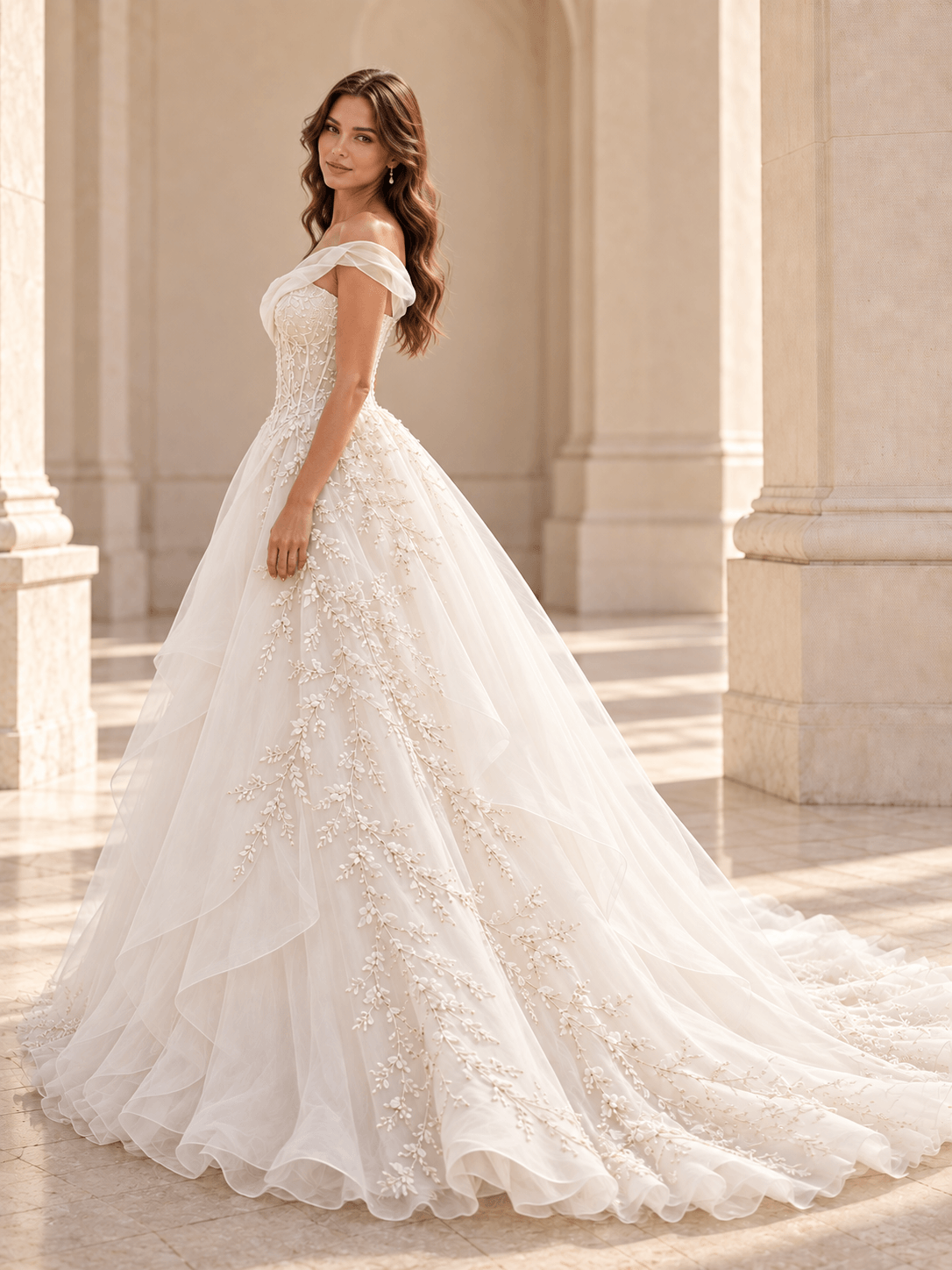 White Asymmetrical Draped Organza Wedding Dress with Pearl Vine Embroidery