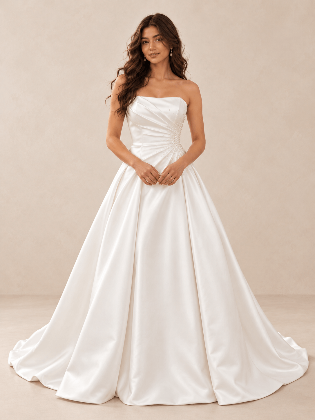 White Asymmetrical Draped Satin Ball Gown Wedding Dress with Pearl