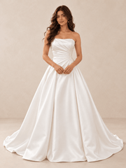 White Asymmetrical Draped Satin Ball Gown Wedding Dress with Pearl