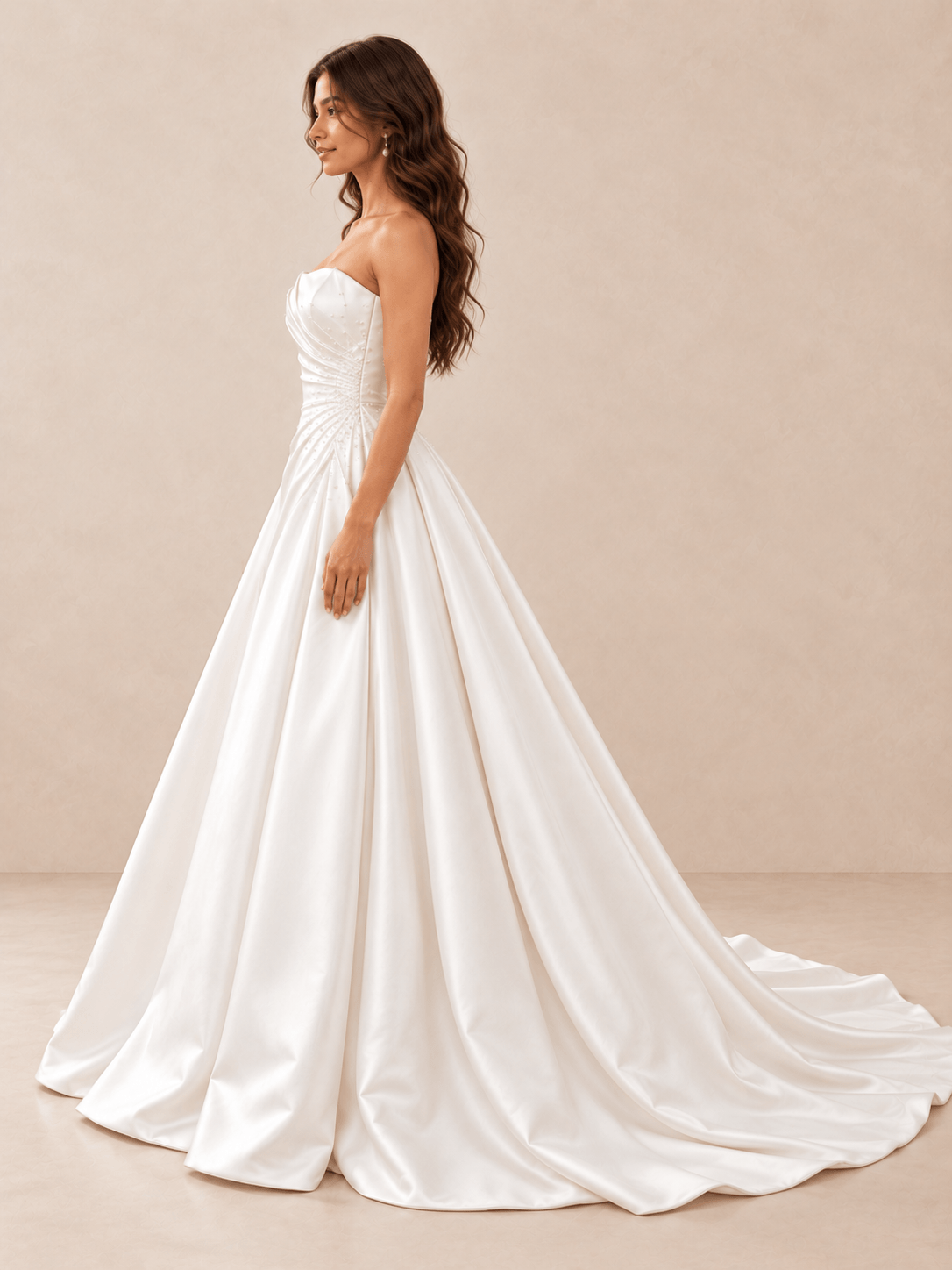 White Asymmetrical Draped Satin Ball Gown Wedding Dress with Pearl