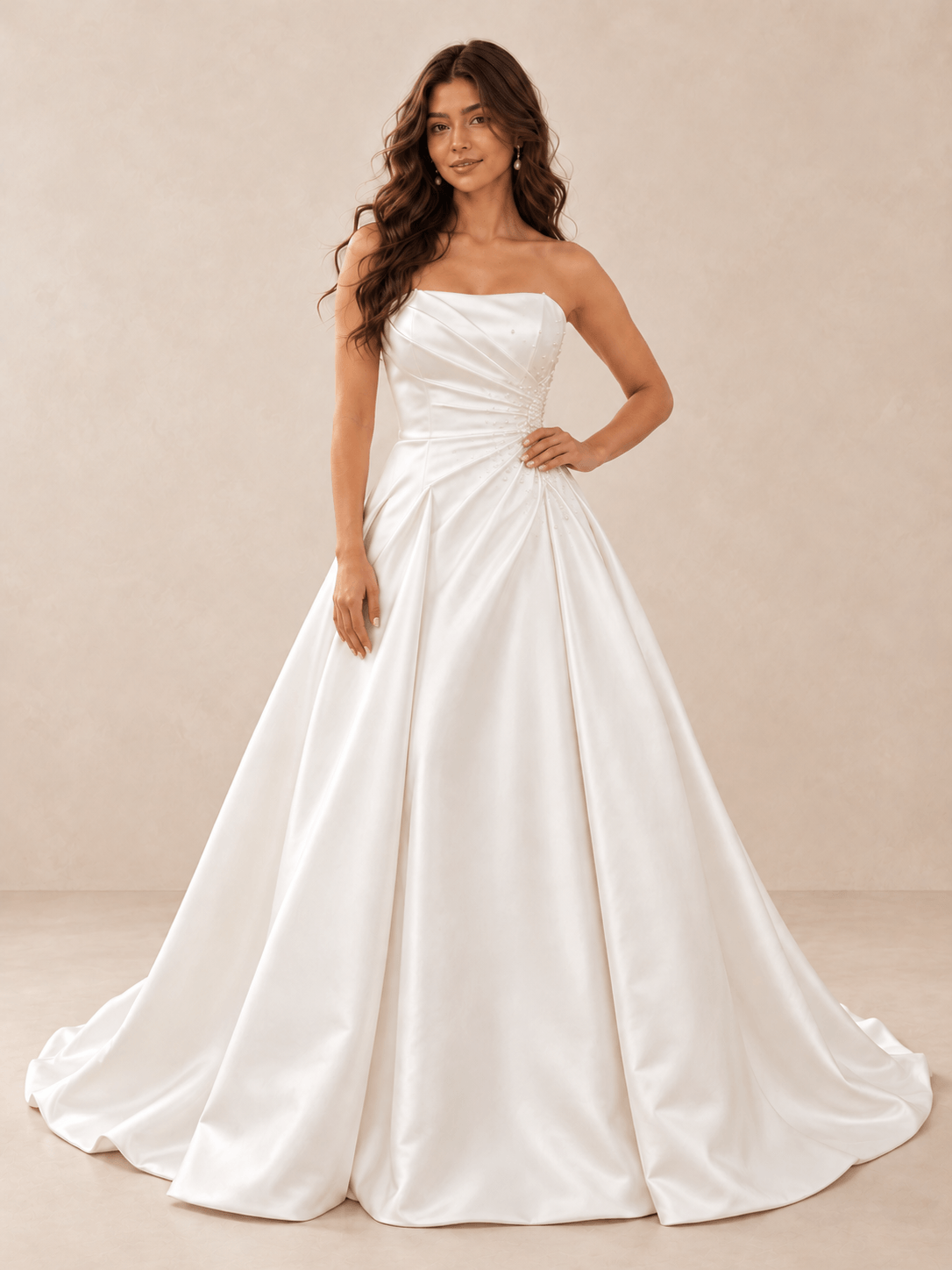 White Asymmetrical Draped Satin Ball Gown Wedding Dress with Pearl