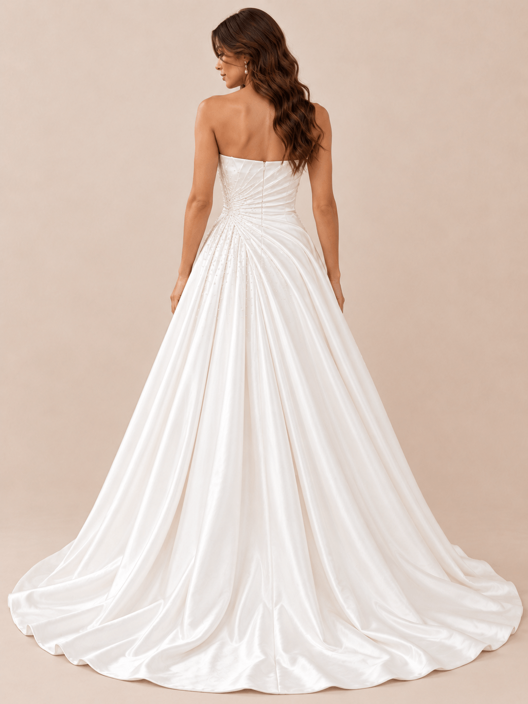 White Asymmetrical Draped Satin Ball Gown Wedding Dress with Pearl