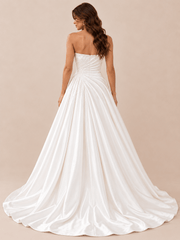 White Asymmetrical Draped Satin Ball Gown Wedding Dress with Pearl