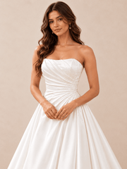 White Asymmetrical Draped Satin Ball Gown Wedding Dress with Pearl