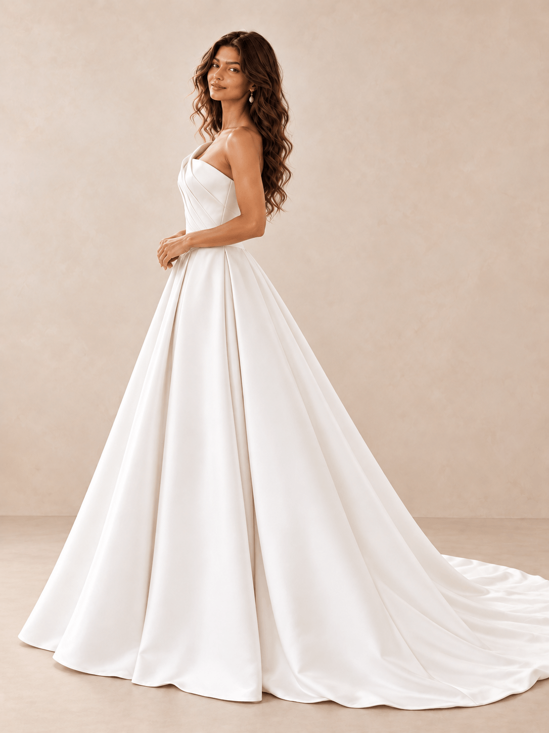 White Asymmetrical Folded-Neckline Satin Ball Gown Wedding Dress