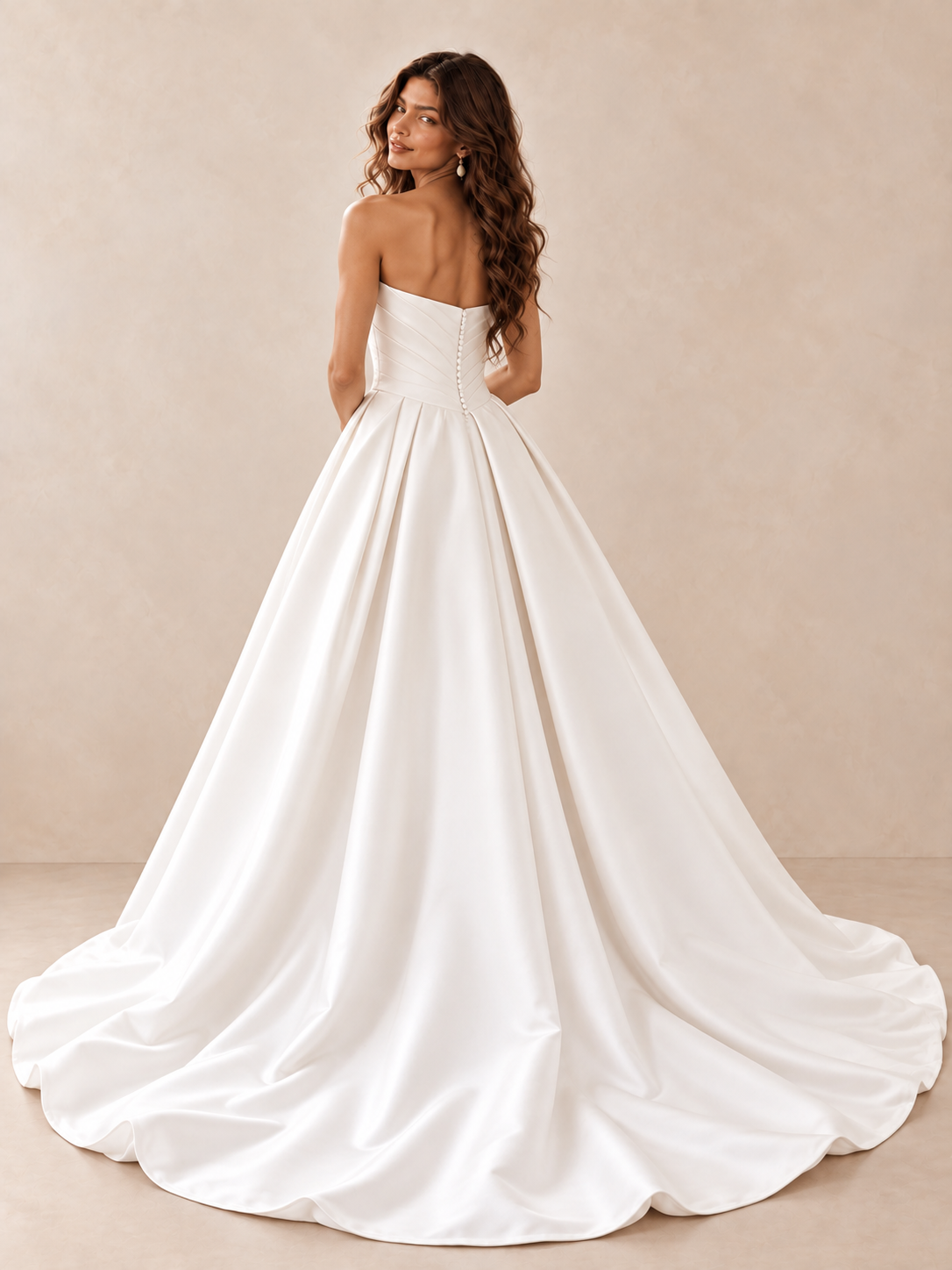 White Asymmetrical Folded-Neckline Satin Ball Gown Wedding Dress