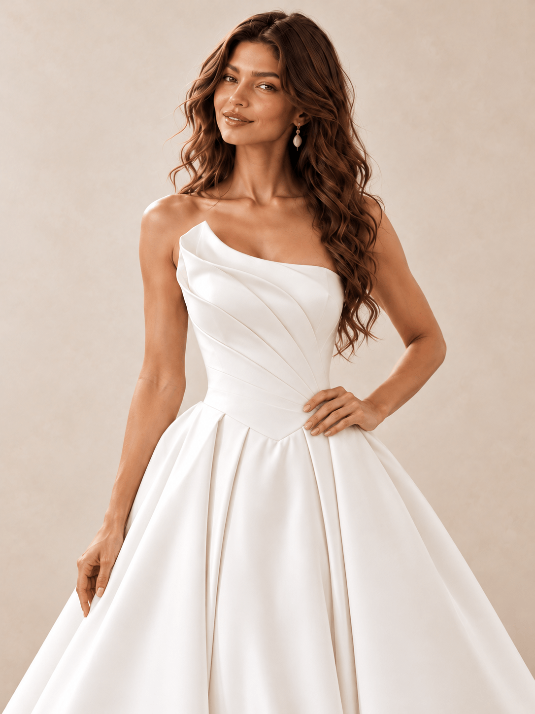 White Asymmetrical Folded-Neckline Satin Ball Gown Wedding Dress