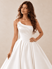 White Asymmetrical Folded-Neckline Satin Ball Gown Wedding Dress