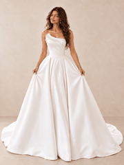 White Asymmetrical Folded-Neckline Satin Ball Gown Wedding Dress