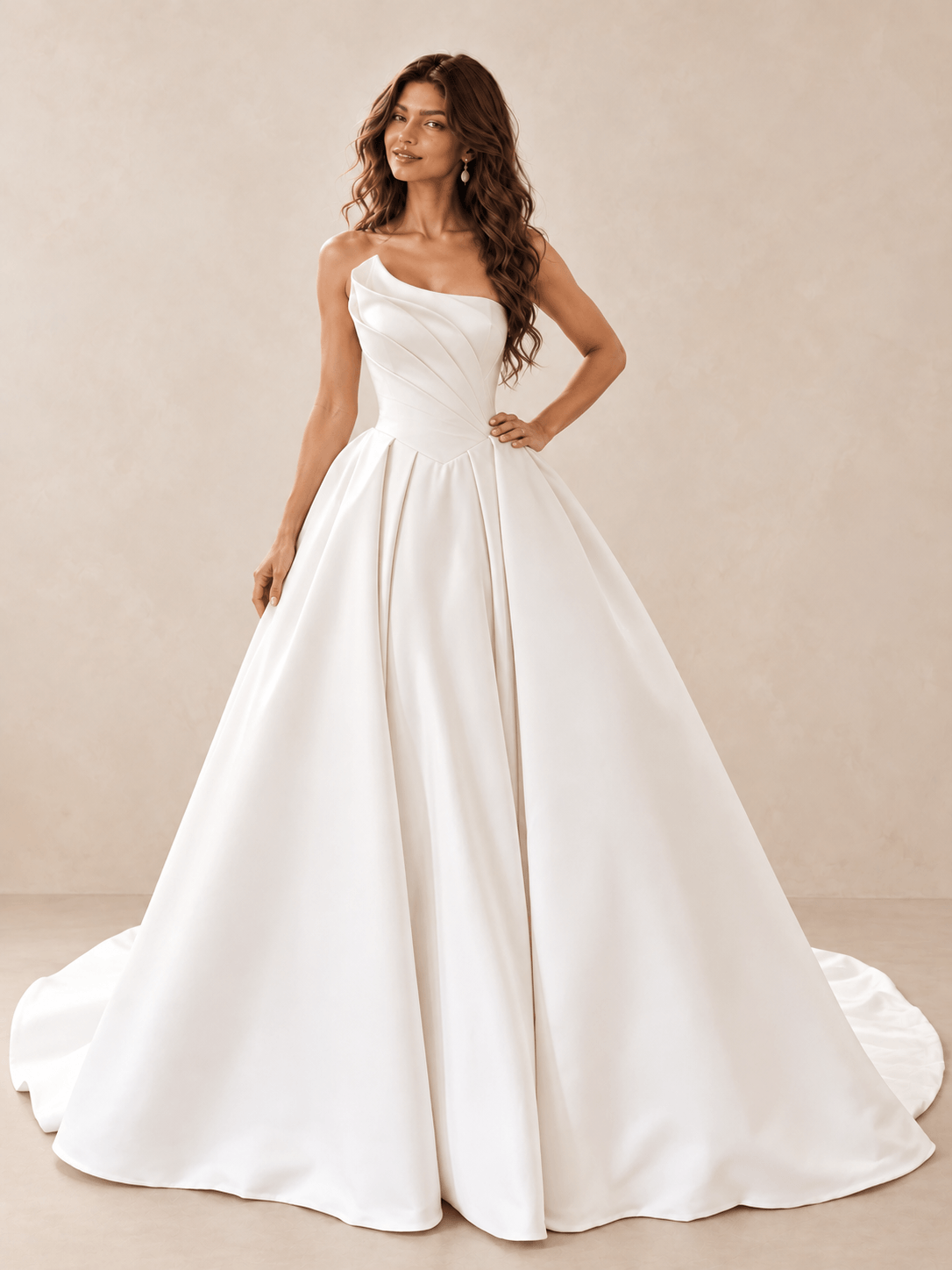 White Asymmetrical Folded-Neckline Satin Ball Gown Wedding Dress