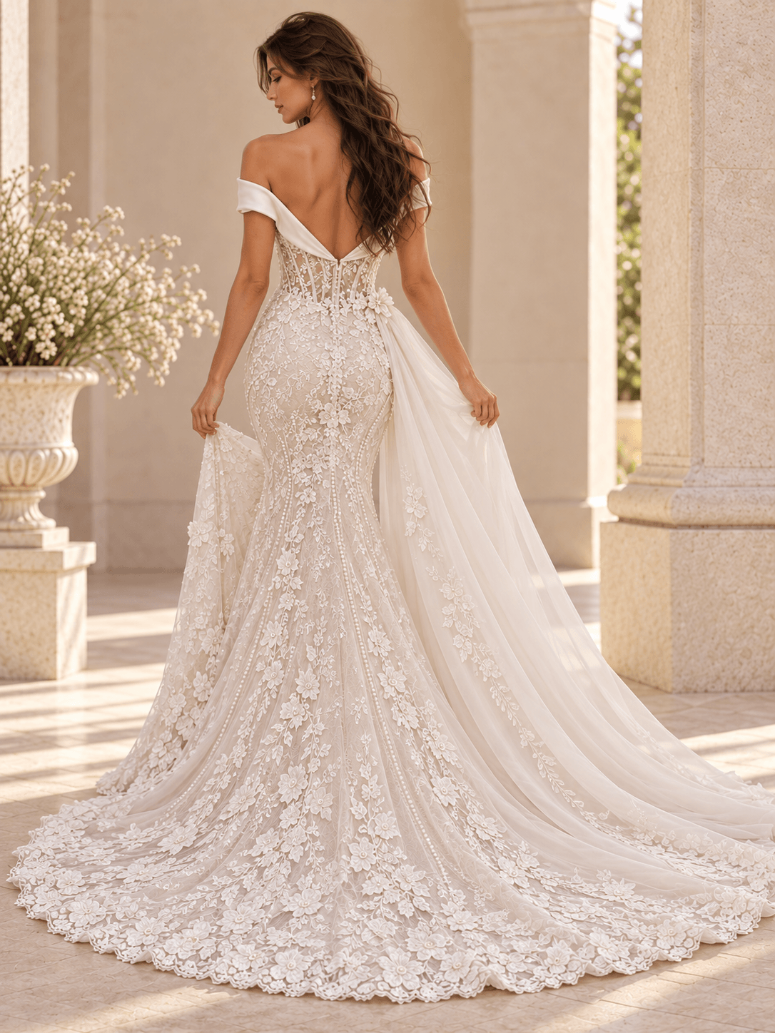White Asymmetrical Lace Mermaid Wedding Dress with Detachable Tulle Overskirt