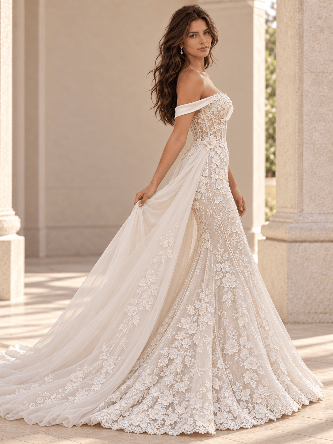 White Asymmetrical Lace Mermaid Wedding Dress with Detachable Tulle Overskirt