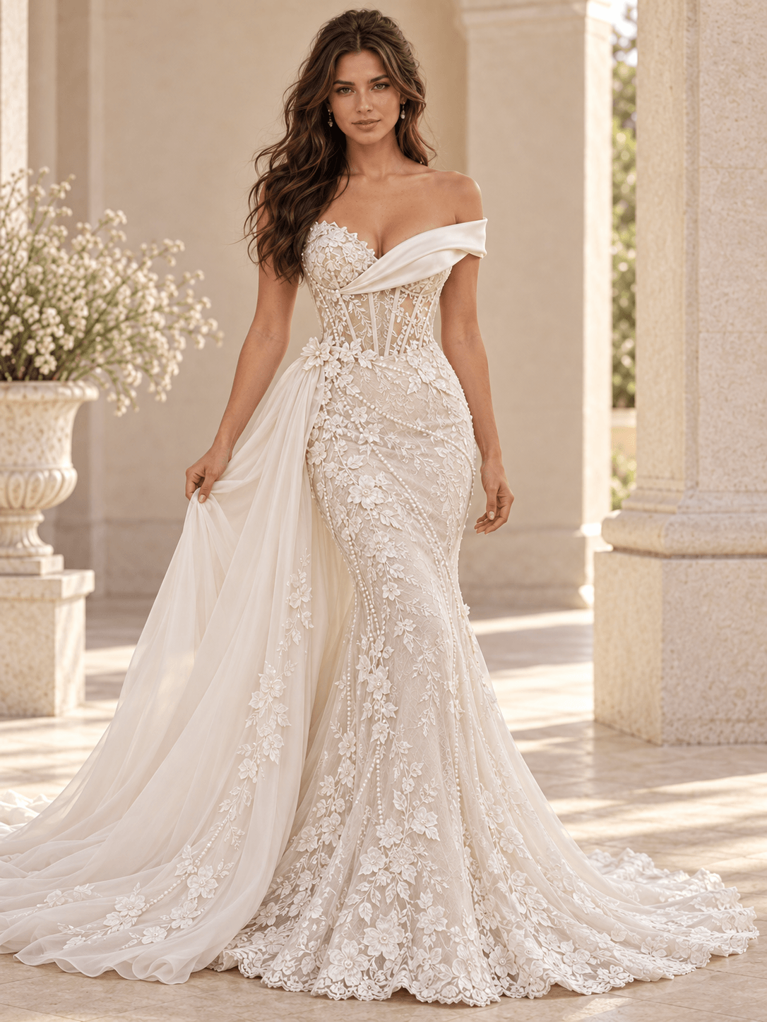 White Asymmetrical Lace Mermaid Wedding Dress with Detachable Tulle Overskirt